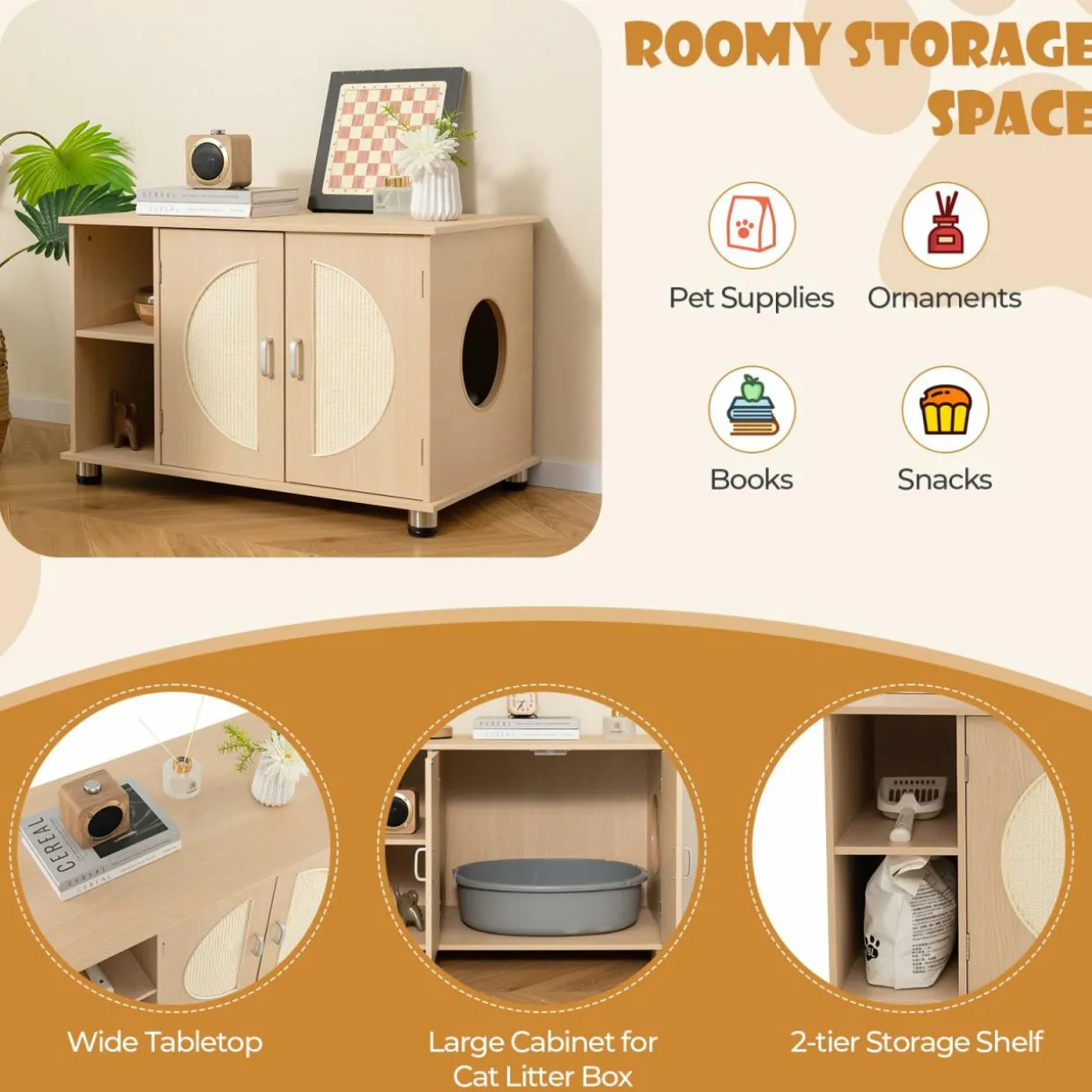 Tangkula Cat Litter Box Enclosure, Hidden Cat Washroom with Storage Shelf, Sisal Scratching Doors