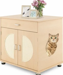 Tangkula Cat Litter Box Enclosure, Hidden Cat Washroom with Storage Shelf, Sisal Scratching Doors