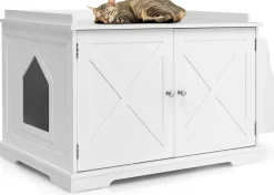 Tangkula Cat Litter Box Enclosure, Wooden Cat House Side Table w/Removable Divider