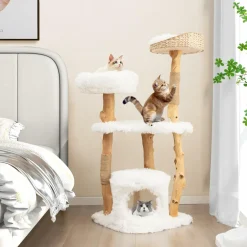 Tangkula Cat Tree for Indoor Cats, Cute Cat Tree with Scratching Posts for Large Cats, Modern Cat Tower with Top Cattail Basket Cat Bed