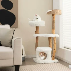 Tangkula Cat Tree for Indoor Cats, Cute Cat Tree with Scratching Posts for Large Cats, Modern Cat Tower with Top Cattail Basket Cat Bed