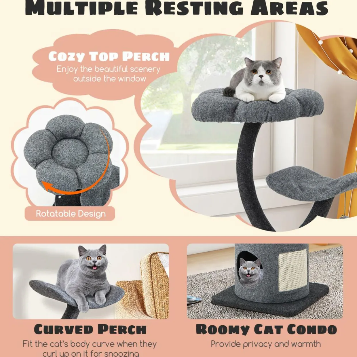 Tangkula Cat Tree for Indoor Cats, 35 Inch Small Cat Tower with Curved Metal Supporting Frame