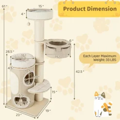 Tangkula Cat Tree Tower, 61 Inch Multi-level Tall Cat Tower with 2-Story Cat Condo, Top Perch, Sisal Scratching Posts & Carpet