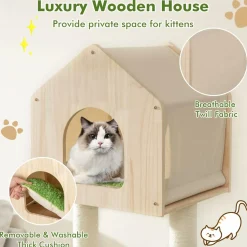 Tangkula Cat Tree Tower, Multi-Level Modern Wood Cat Tower with Sisal Scratching Posts