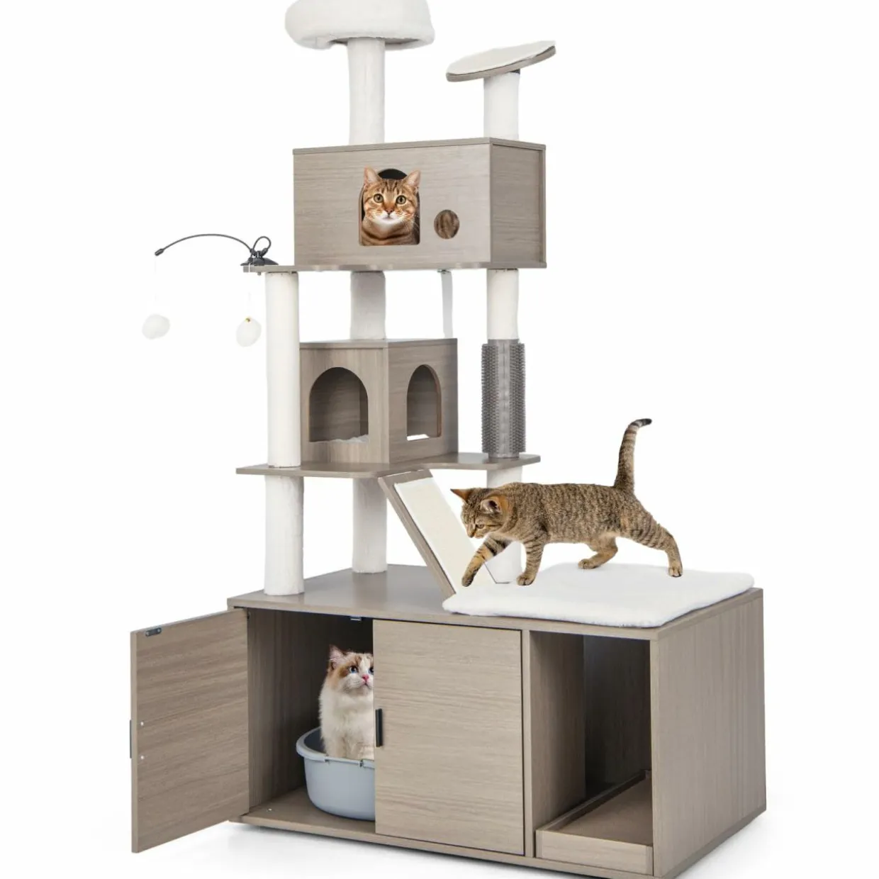 Tangkula Cat Tree with Litter Box Enclosure, Cat Tower with Litter Box, 2 Condos, Scratching Posts