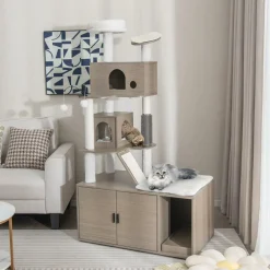 Tangkula Cat Tree with Litter Box Enclosure, Cat Tower with Litter Box, 2 Condos, Scratching Posts