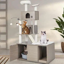 Tangkula Cat Tree with Litter Box Enclosure, Cat Tower with Litter Box, 2 Condos, Scratching Posts