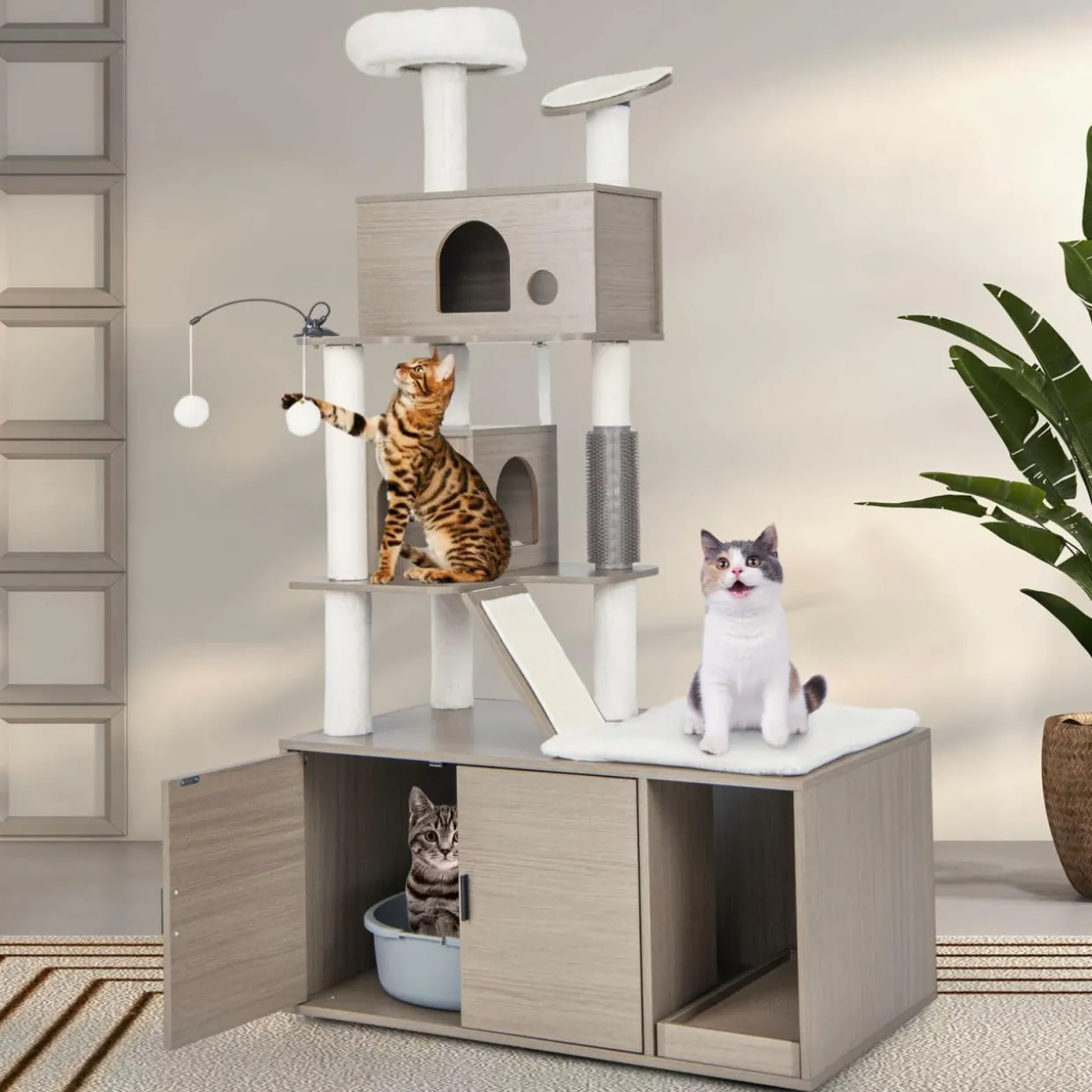 Tangkula Cat Tree with Litter Box Enclosure, Cat Tower with Litter Box, 2 Condos, Scratching Posts