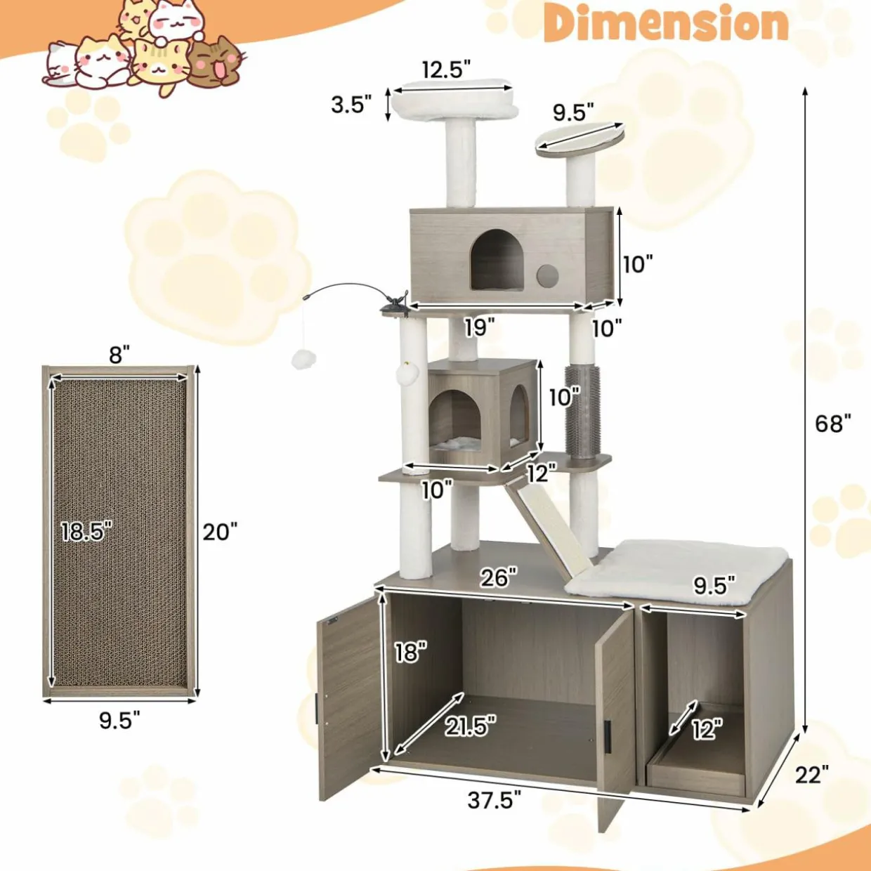 Tangkula Cat Tree with Litter Box Enclosure, Cat Tower with Litter Box, 2 Condos, Scratching Posts