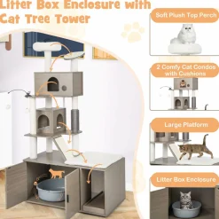 Tangkula Cat Tree with Litter Box Enclosure, Cat Tower with Litter Box, 2 Condos, Scratching Posts