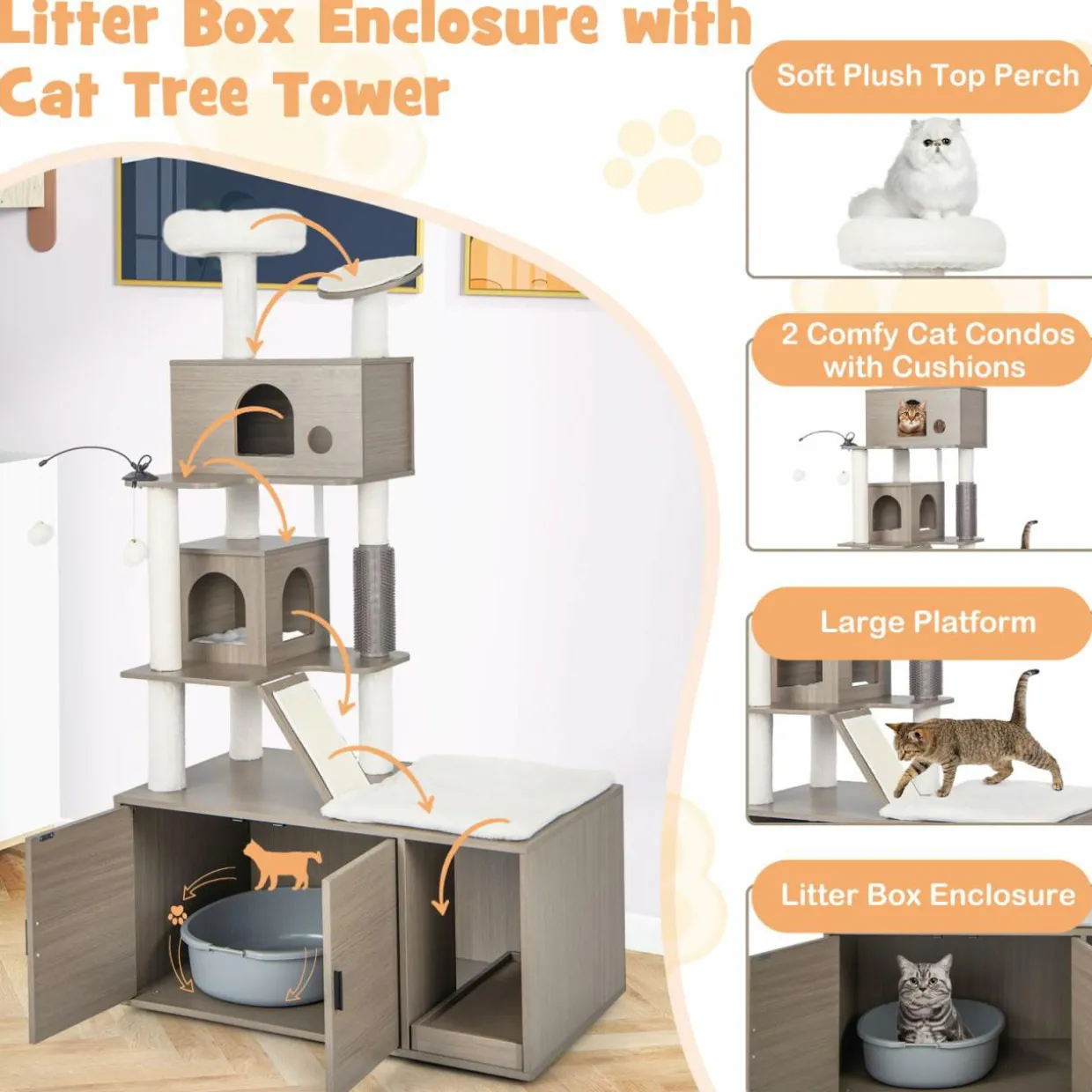 Tangkula Cat Tree with Litter Box Enclosure, Cat Tower with Litter Box, 2 Condos, Scratching Posts
