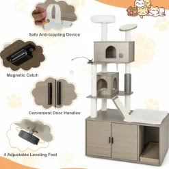 Tangkula Cat Tree with Litter Box Enclosure, Cat Tower with Litter Box, 2 Condos, Scratching Posts