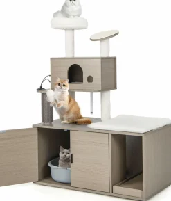 Tangkula Cat Tree with Litter Box Enclosure, Cat Tower with Litter Box, 2 Condos, Scratching Posts