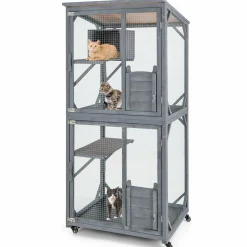 Tangkula Catio Outdoor Cat Enclosure, Wooden Cat House on Wheels, 31.5" x 27.5" x 72"