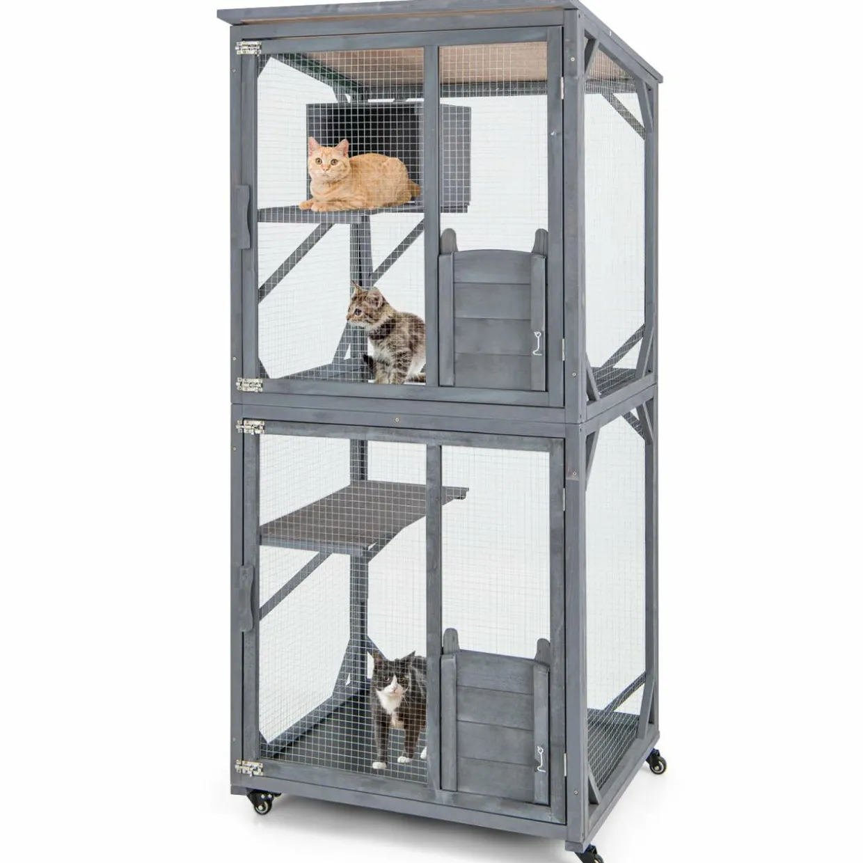 Tangkula Catio Outdoor Cat Enclosure, Wooden Cat House on Wheels, 31.5" x 27.5" x 72"