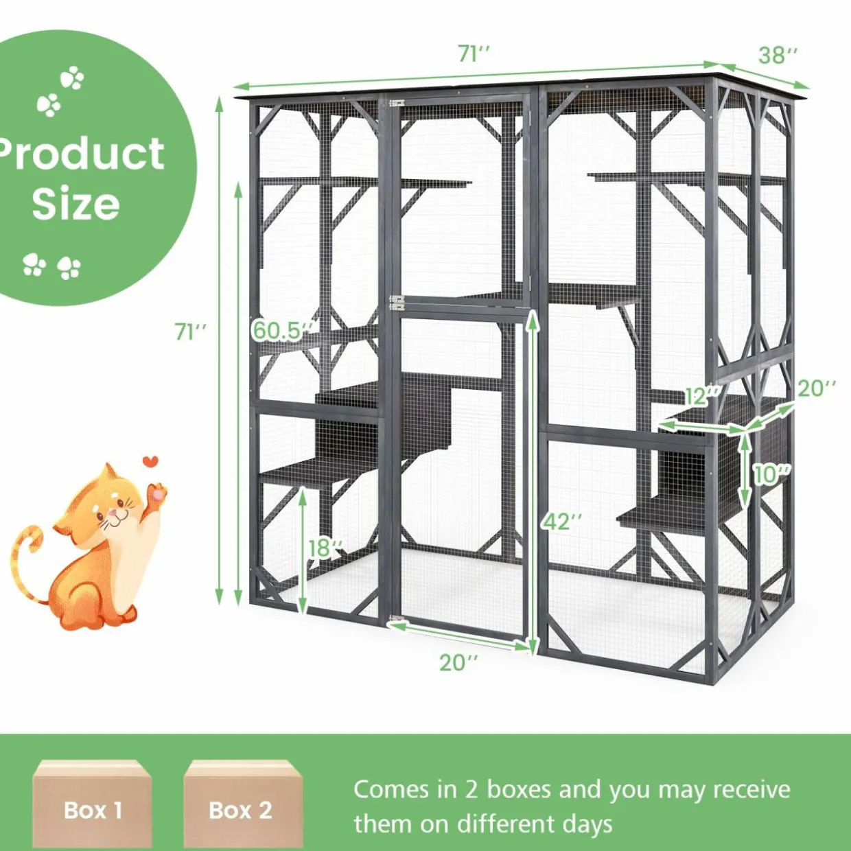 Tangkula Catio Outdoor Cat Enclosure Large, 71 Inch Outdoor Cat House Weatherproof with Asphalt Roof