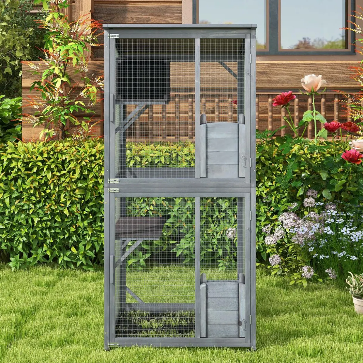Tangkula Catio Outdoor Cat Enclosure, Wooden Cat House on Wheels, 31.5" x 27.5" x 72"