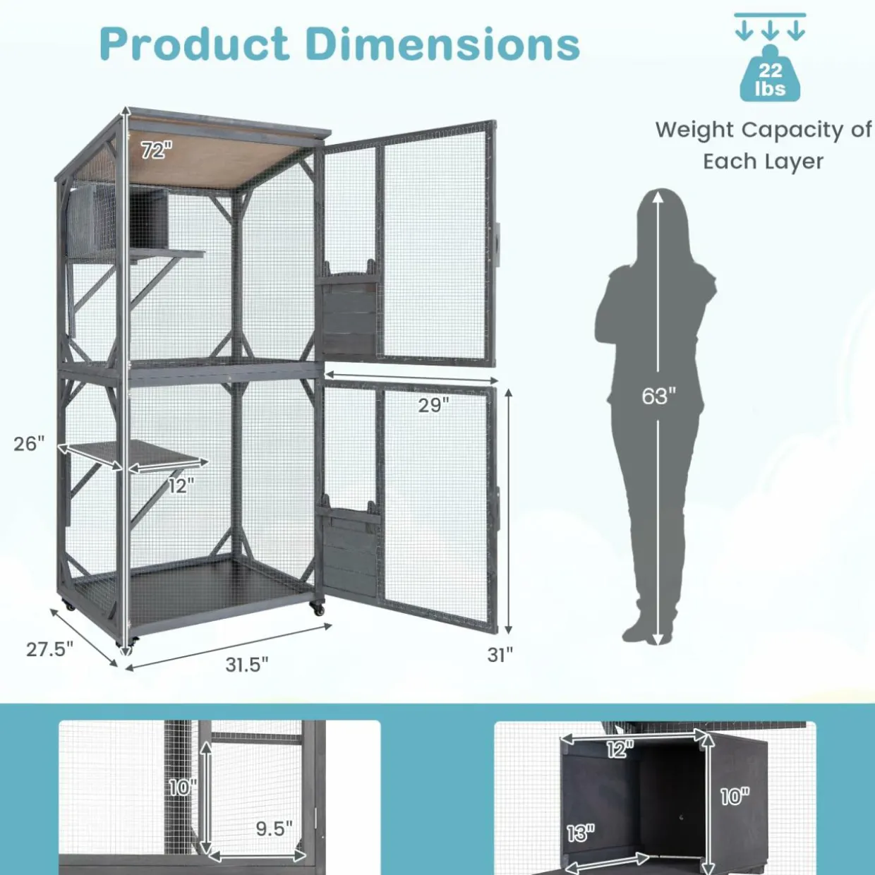 Tangkula Catio Outdoor Cat Enclosure, Wooden Cat House on Wheels, 31.5" x 27.5" x 72"