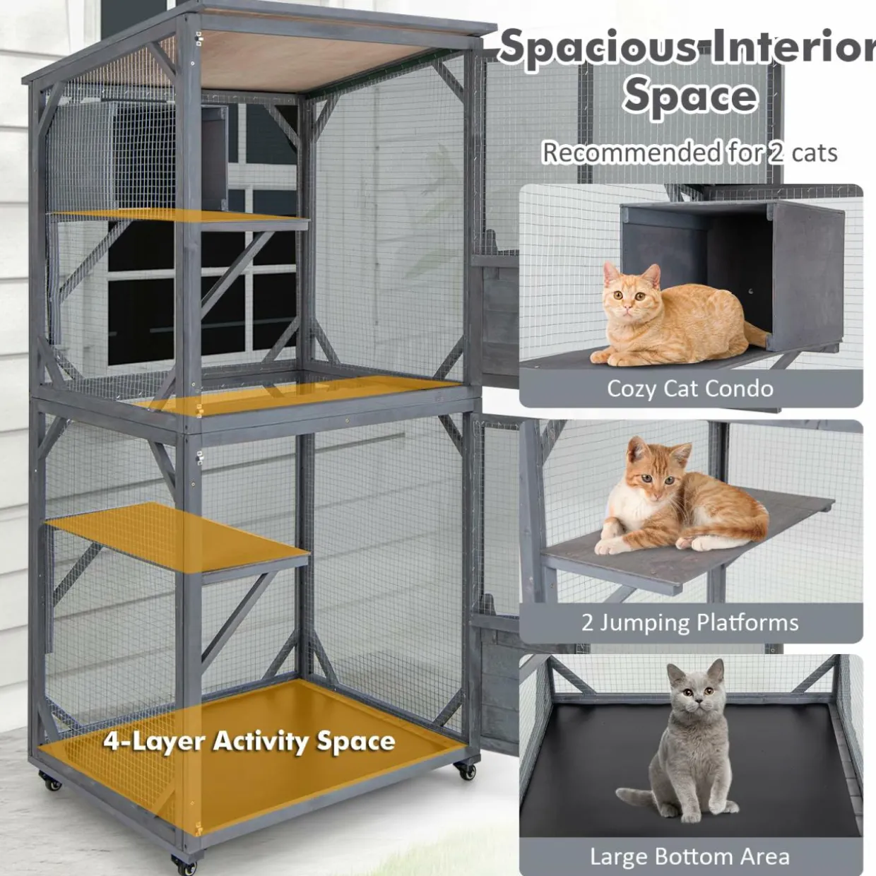 Tangkula Catio Outdoor Cat Enclosure, Wooden Cat House on Wheels, 31.5" x 27.5" x 72"