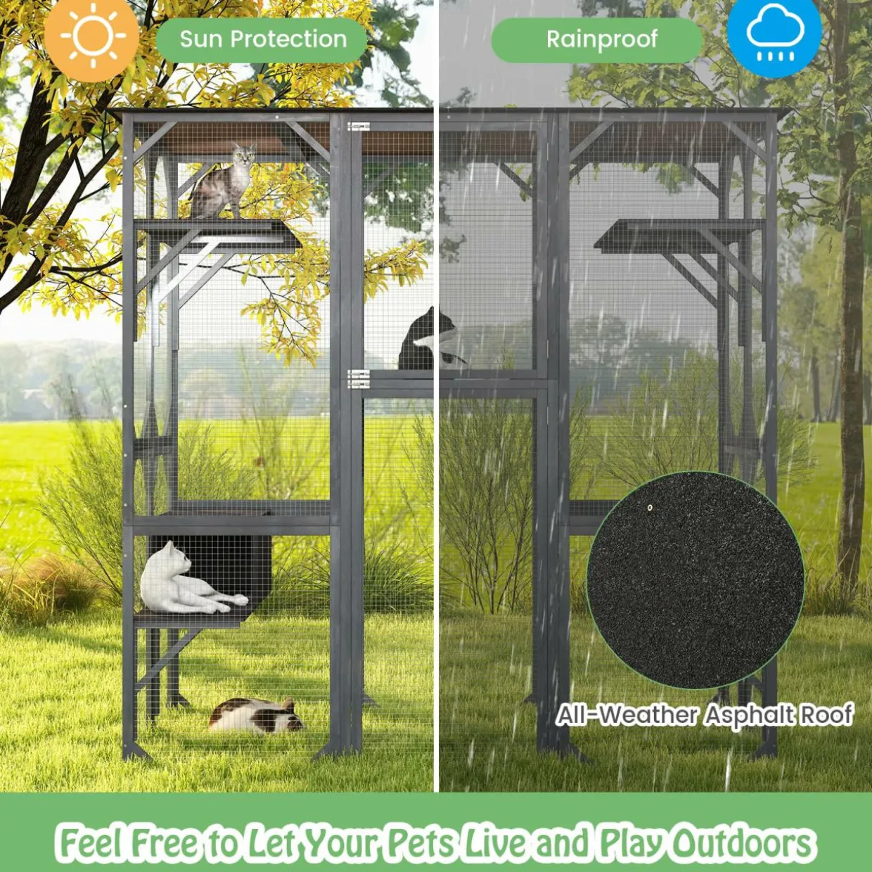 Tangkula Catio Outdoor Cat Enclosure Large, 71 Inch Outdoor Cat House Weatherproof with Asphalt Roof