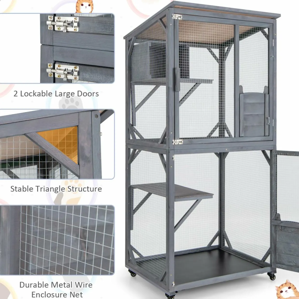 Tangkula Catio Outdoor Cat Enclosure, Wooden Cat House on Wheels, 31.5" x 27.5" x 72"
