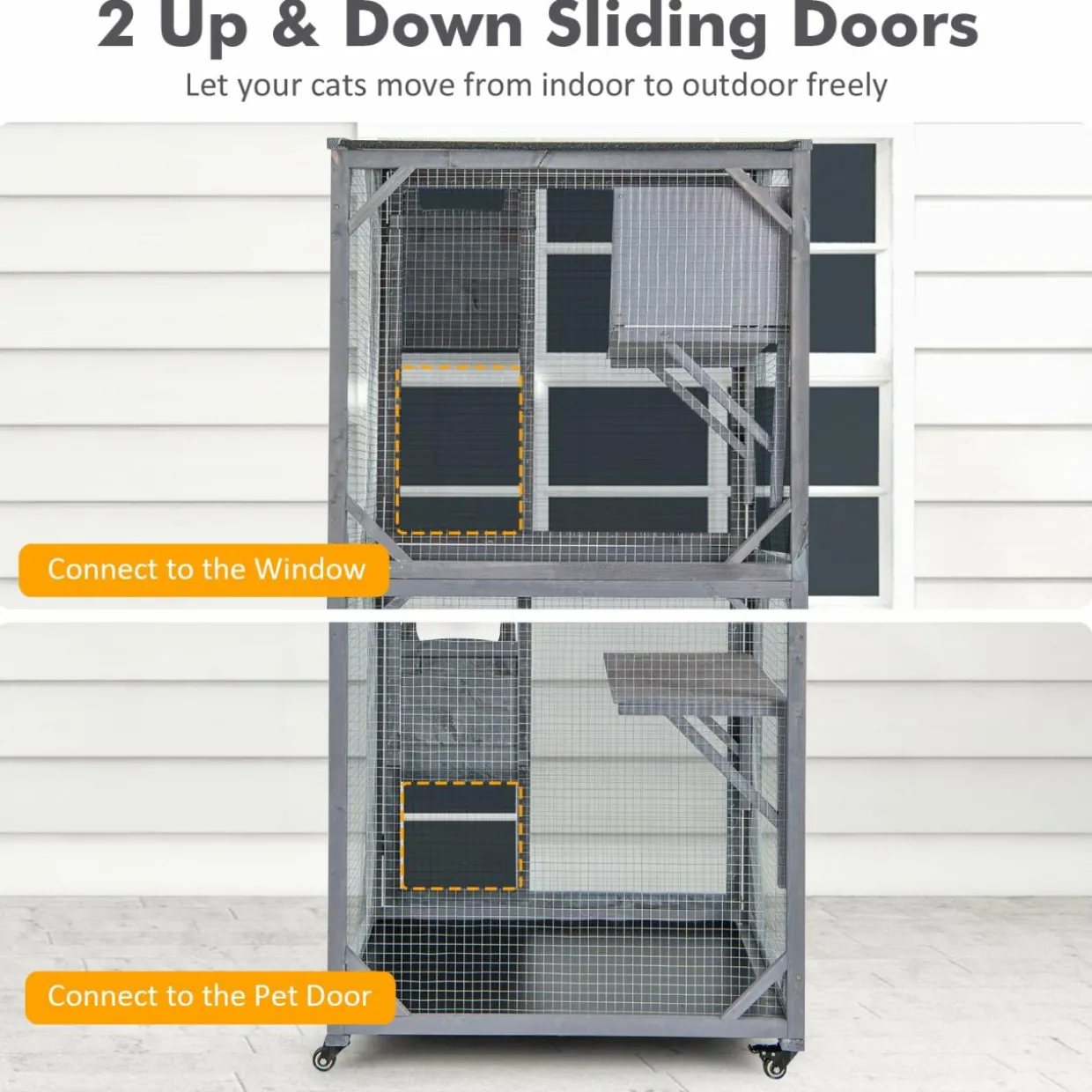 Tangkula Catio Outdoor Cat Enclosure, Wooden Cat House on Wheels, 31.5" x 27.5" x 72"