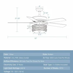 Tangkula Ceiling Fan with Crystal Light, 52 Inches Classical Ceiling Fan with Remote Control & 5 Iron Reversible Blades