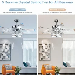 Tangkula Ceiling Fan with Crystal Light, 52 Inches Classical Ceiling Fan with Remote Control & 5 Iron Reversible Blades