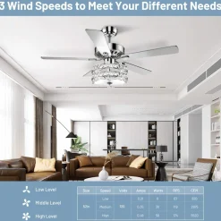 Tangkula Ceiling Fan with Crystal Light, 52 Inches Classical Ceiling Fan with Remote Control & 5 Iron Reversible Blades