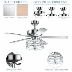Tangkula Ceiling Fan with Crystal Light, 52 Inches Classical Ceiling Fan with Remote Control & 5 Iron Reversible Blades