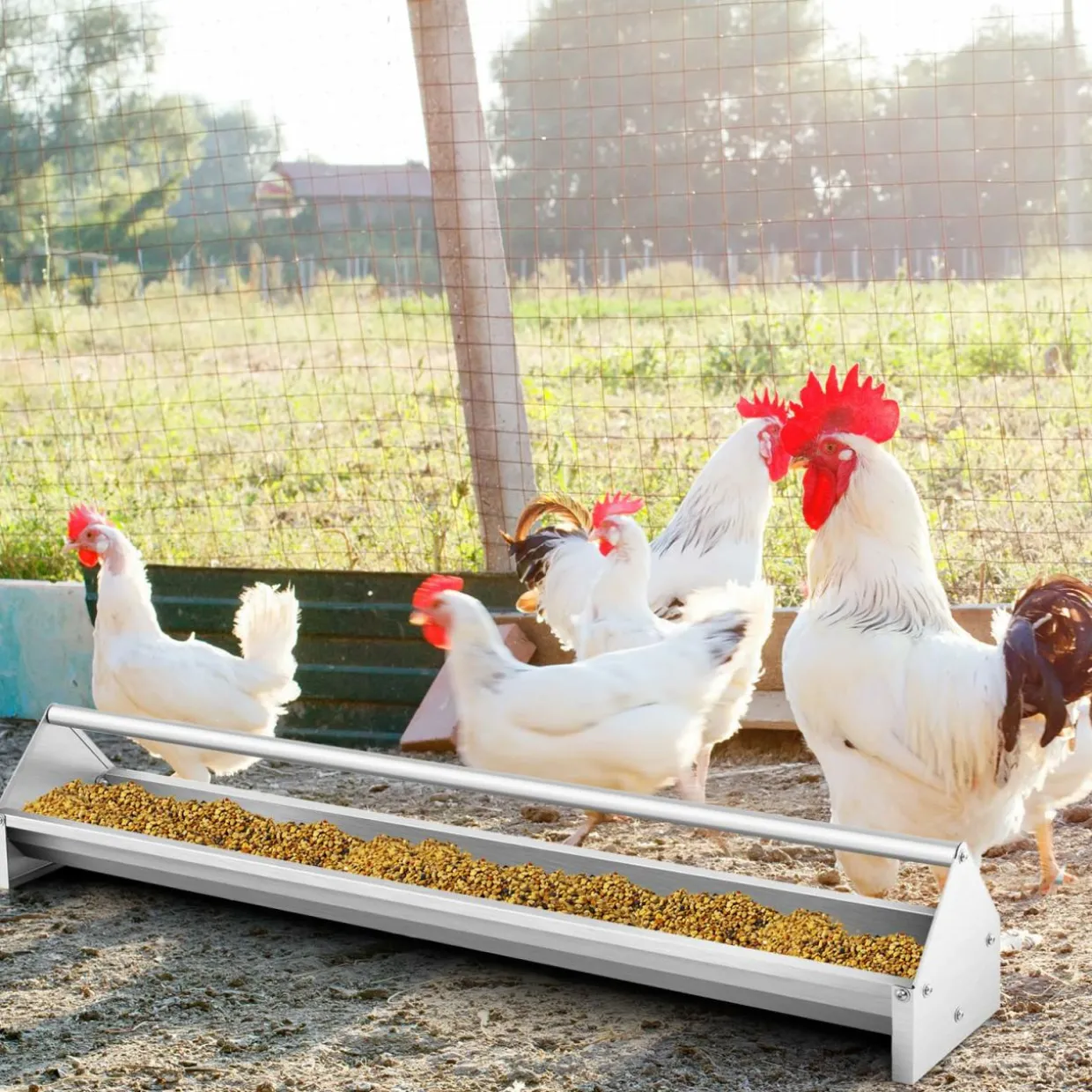 Tangkula Chicken Feeding Trough, 45 Inch Long Heavy Duty Galvanized Steel Coop Feeder with Drainage Holes