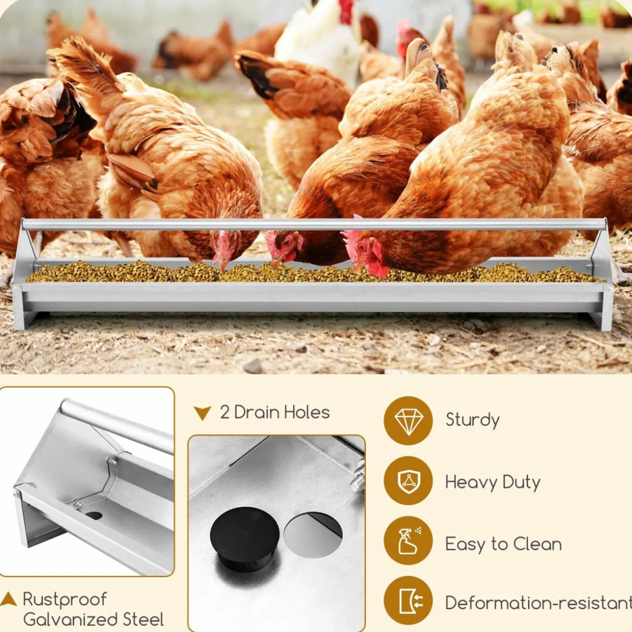 Tangkula Chicken Feeding Trough, 45 Inch Long Heavy Duty Galvanized Steel Coop Feeder with Drainage Holes