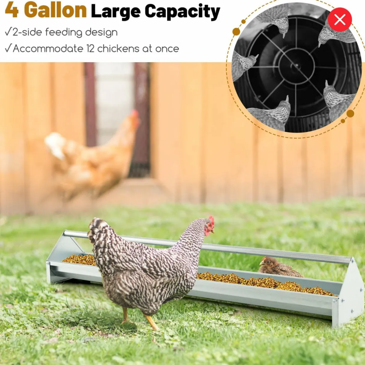 Tangkula Chicken Feeding Trough, 45 Inch Long Heavy Duty Galvanized Steel Coop Feeder with Drainage Holes
