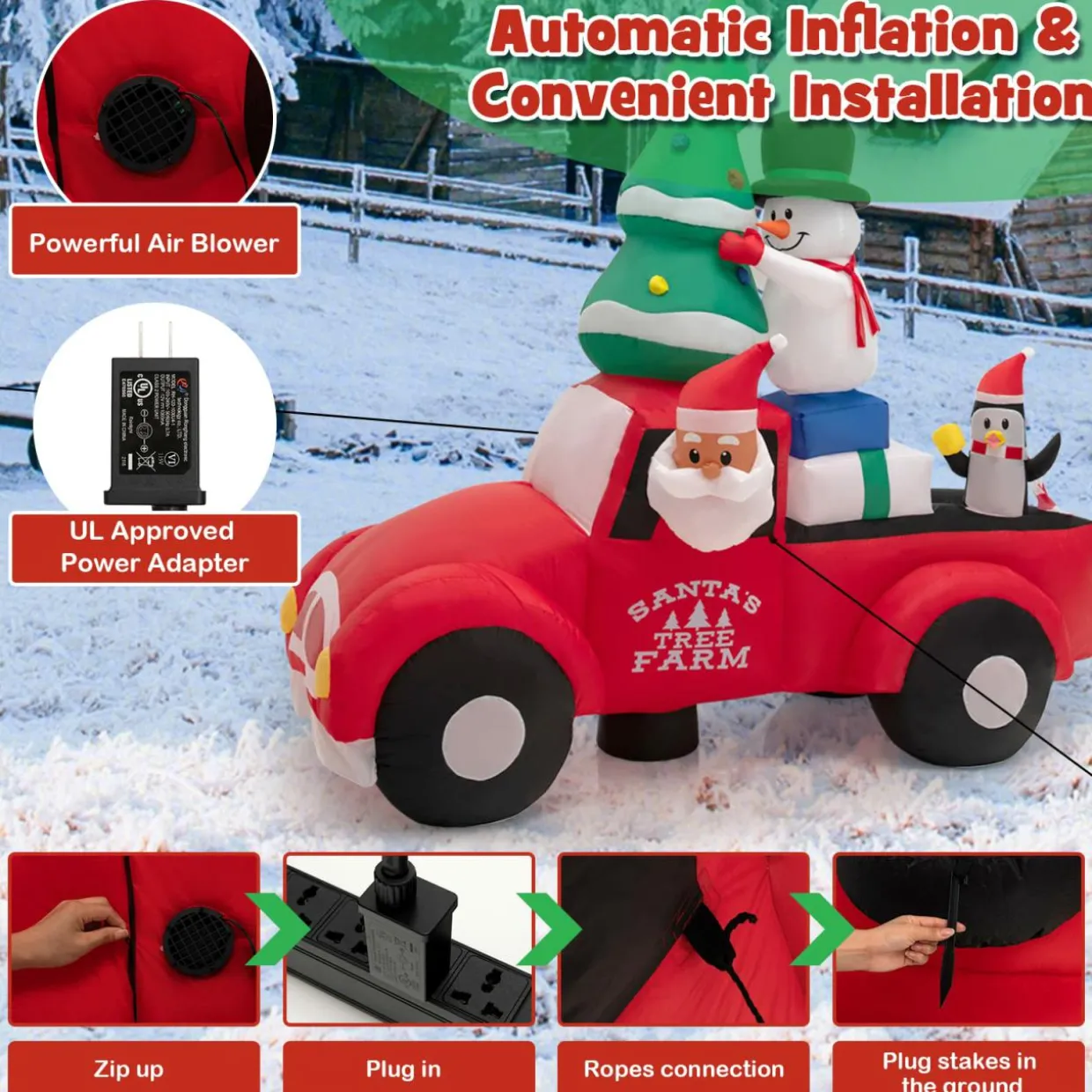 Tangkula Christmas 8 FT Inflatable Santa Claus Driving a Car with LED Lights & Air Blower