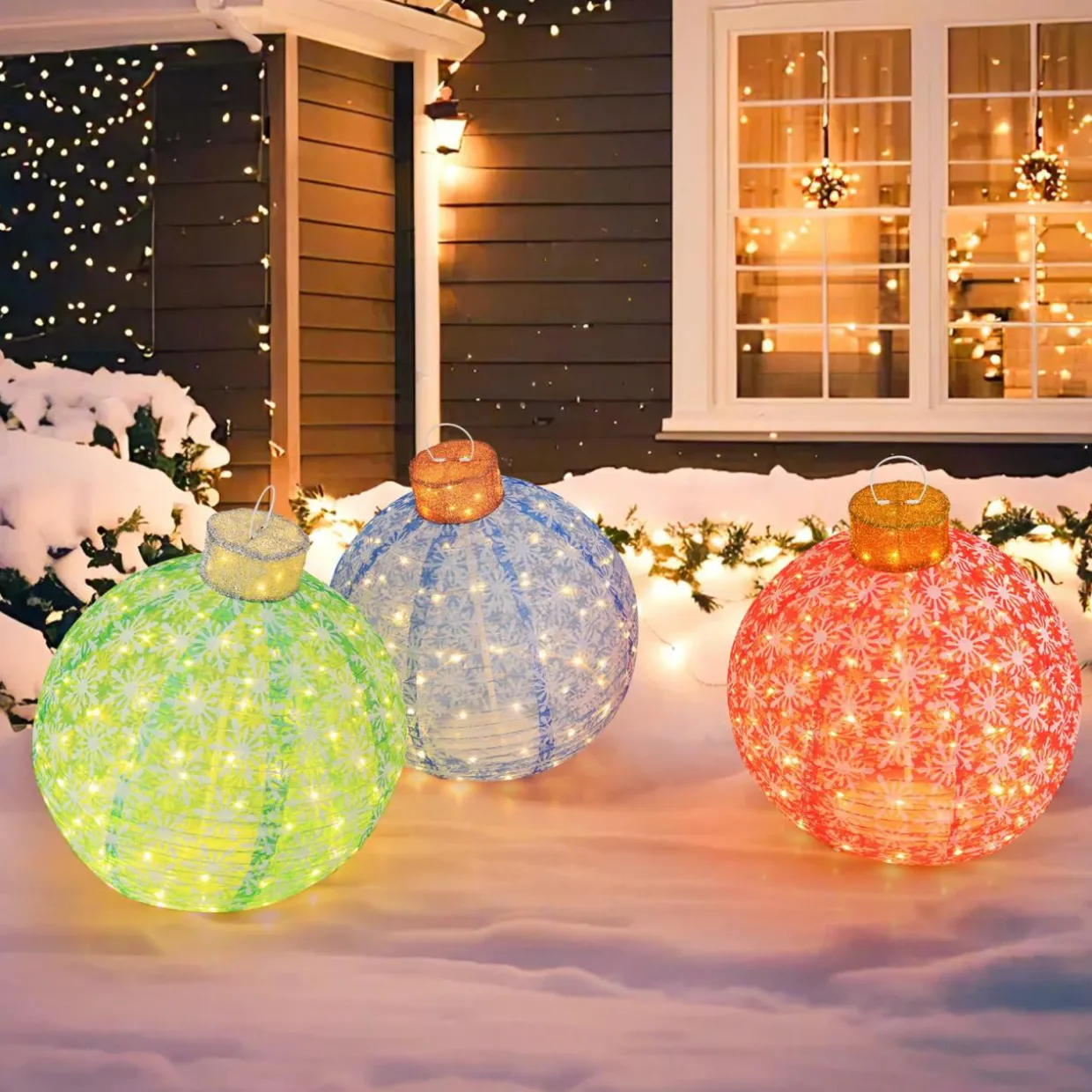 Tangkula Christmas Lighted Pop up Ornaments Set of 3, Outdoor Xmas Lighted Hanging Lanterns with Warm White LED Lights
