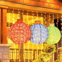 Tangkula Christmas Lighted Pop up Ornaments Set of 3, Outdoor Xmas Lighted Hanging Lanterns with Warm White LED Lights