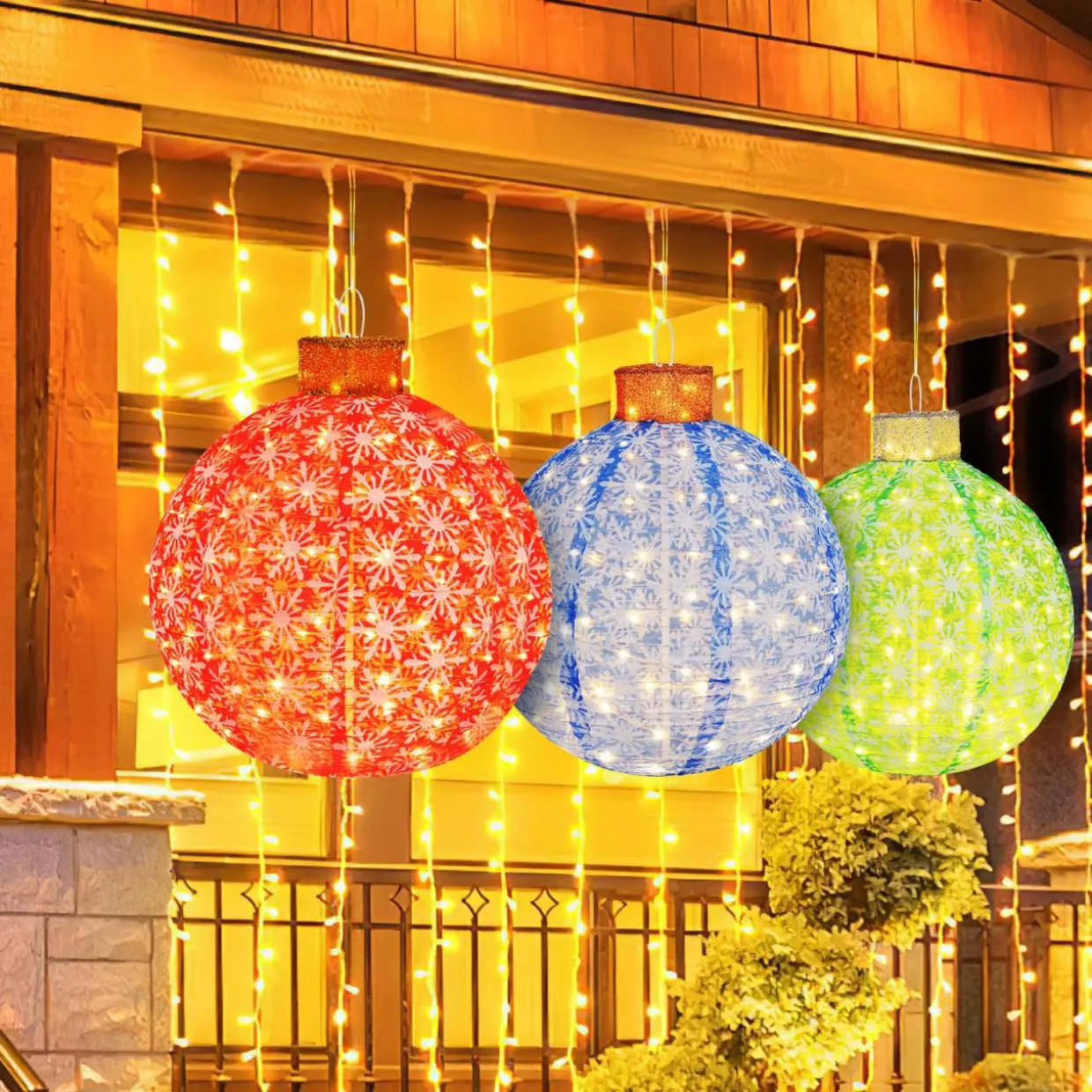 Tangkula Christmas Lighted Pop up Ornaments Set of 3, Outdoor Xmas Lighted Hanging Lanterns with Warm White LED Lights