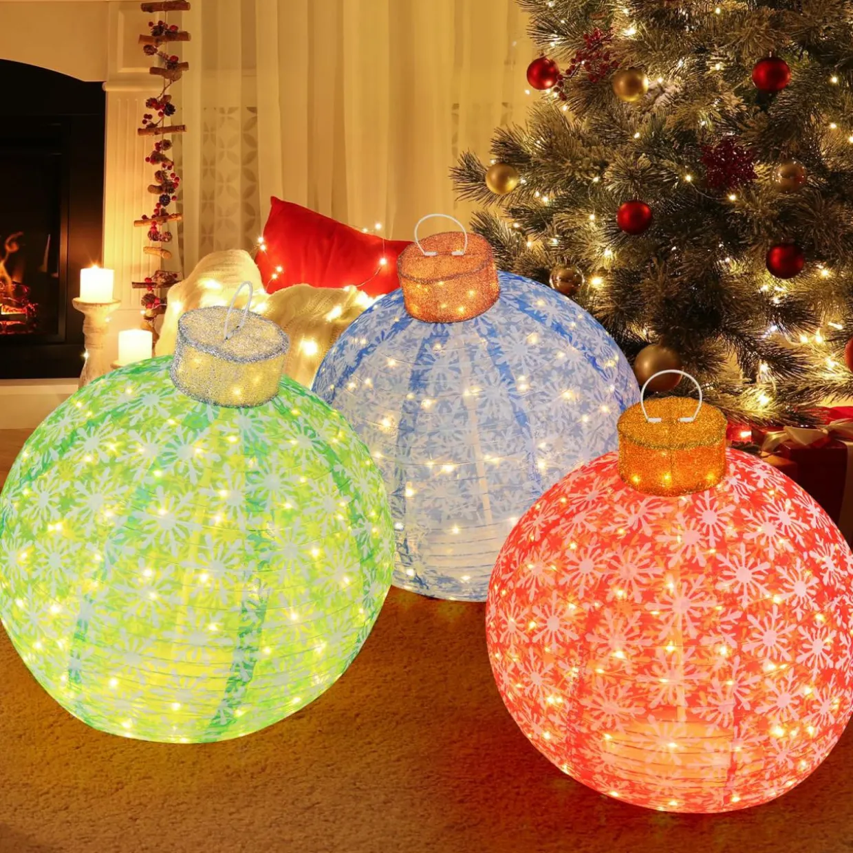 Tangkula Christmas Lighted Pop up Ornaments Set of 3, Outdoor Xmas Lighted Hanging Lanterns with Warm White LED Lights
