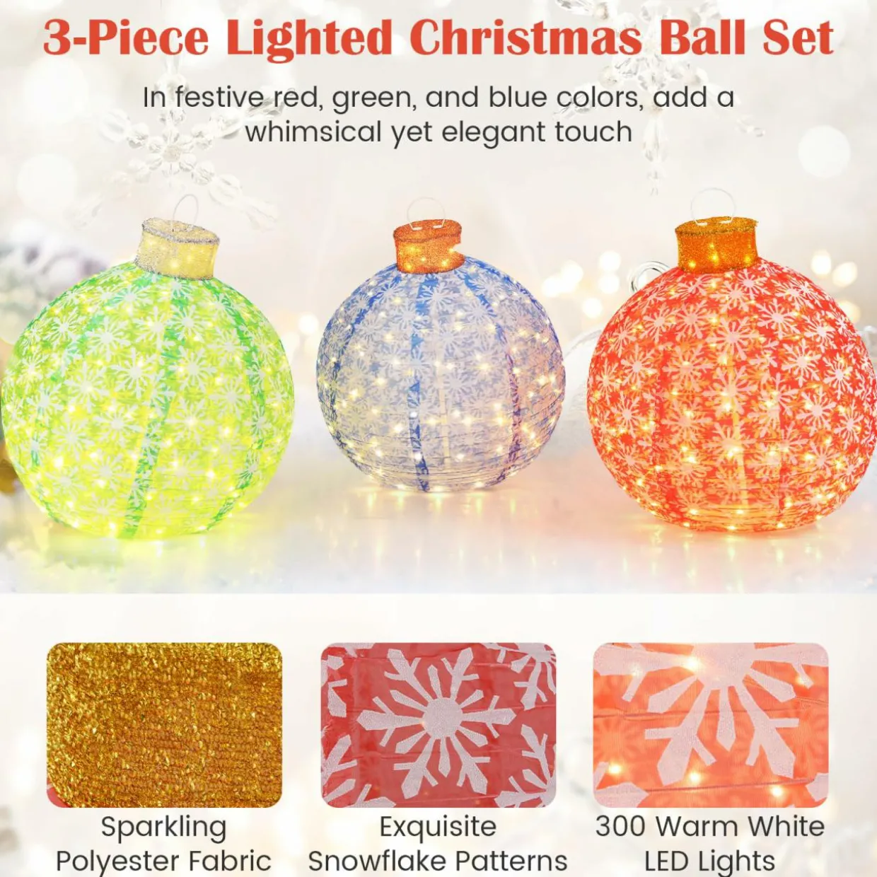 Tangkula Christmas Lighted Pop up Ornaments Set of 3, Outdoor Xmas Lighted Hanging Lanterns with Warm White LED Lights