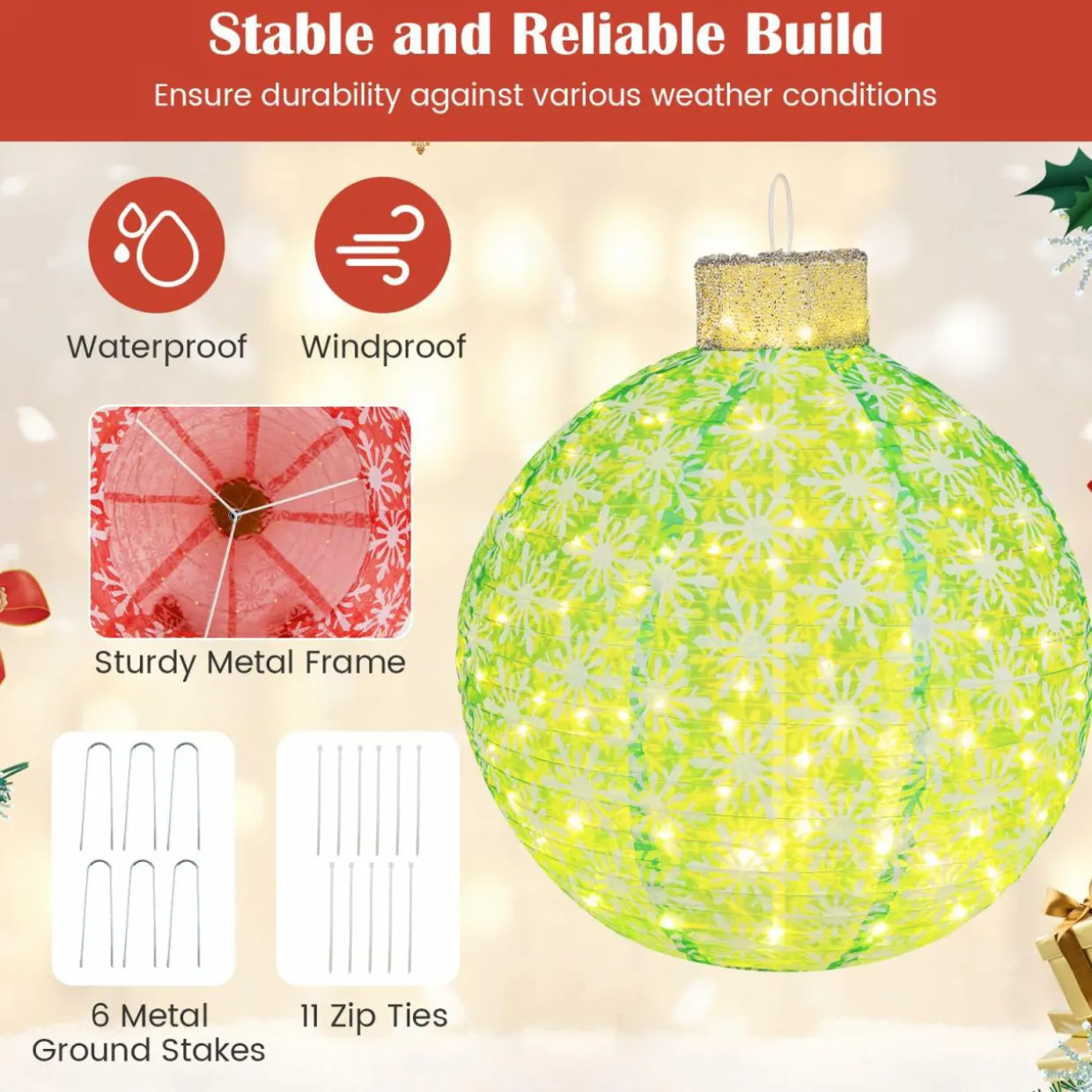 Tangkula Christmas Lighted Pop up Ornaments Set of 3, Outdoor Xmas Lighted Hanging Lanterns with Warm White LED Lights