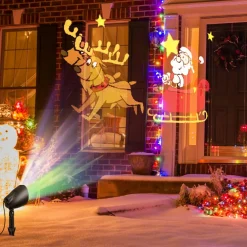 Tangkula Christmas Santa Claus on Sleigh Projector Light, Rotating LED Projection Lamp with 60-degree Adjustable Angle