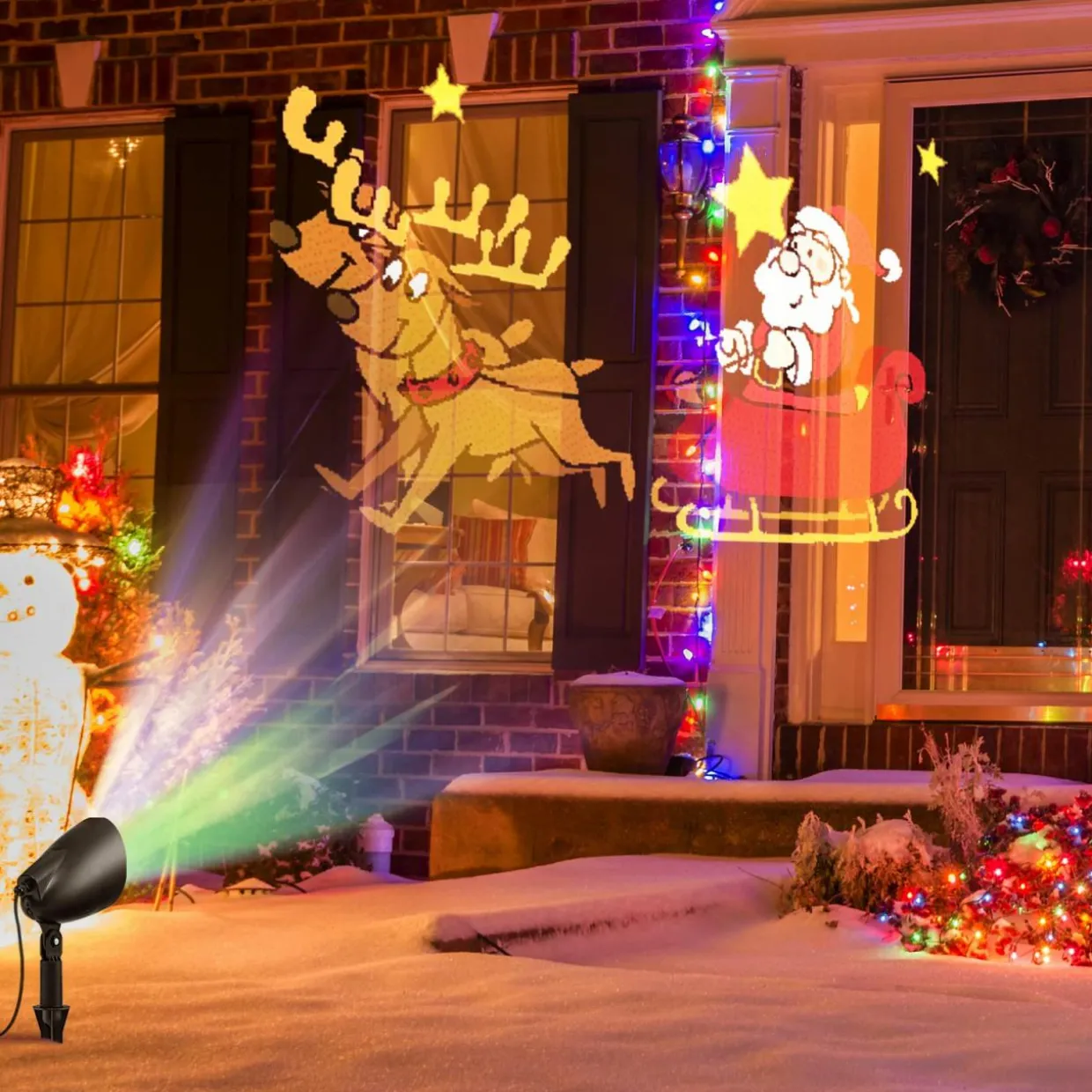 Tangkula Christmas Santa Claus on Sleigh Projector Light, Rotating LED Projection Lamp with 60-degree Adjustable Angle