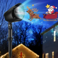 Tangkula Christmas Santa Claus on Sleigh Projector Light, Rotating LED Projection Lamp with 60-degree Adjustable Angle