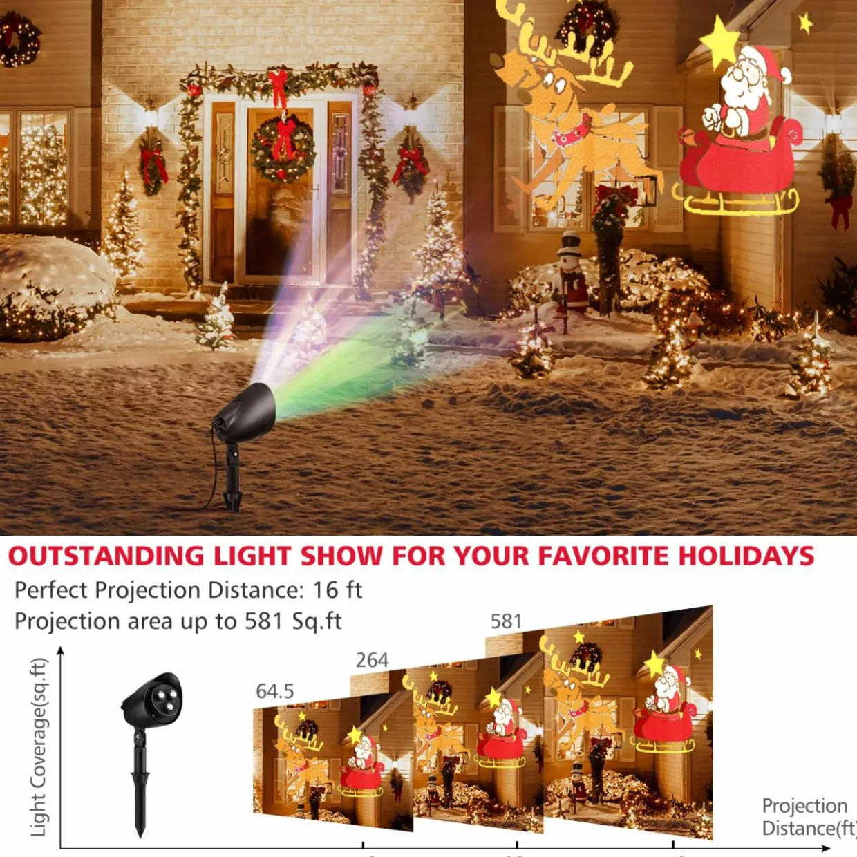 Tangkula Christmas Santa Claus on Sleigh Projector Light, Rotating LED Projection Lamp with 60-degree Adjustable Angle