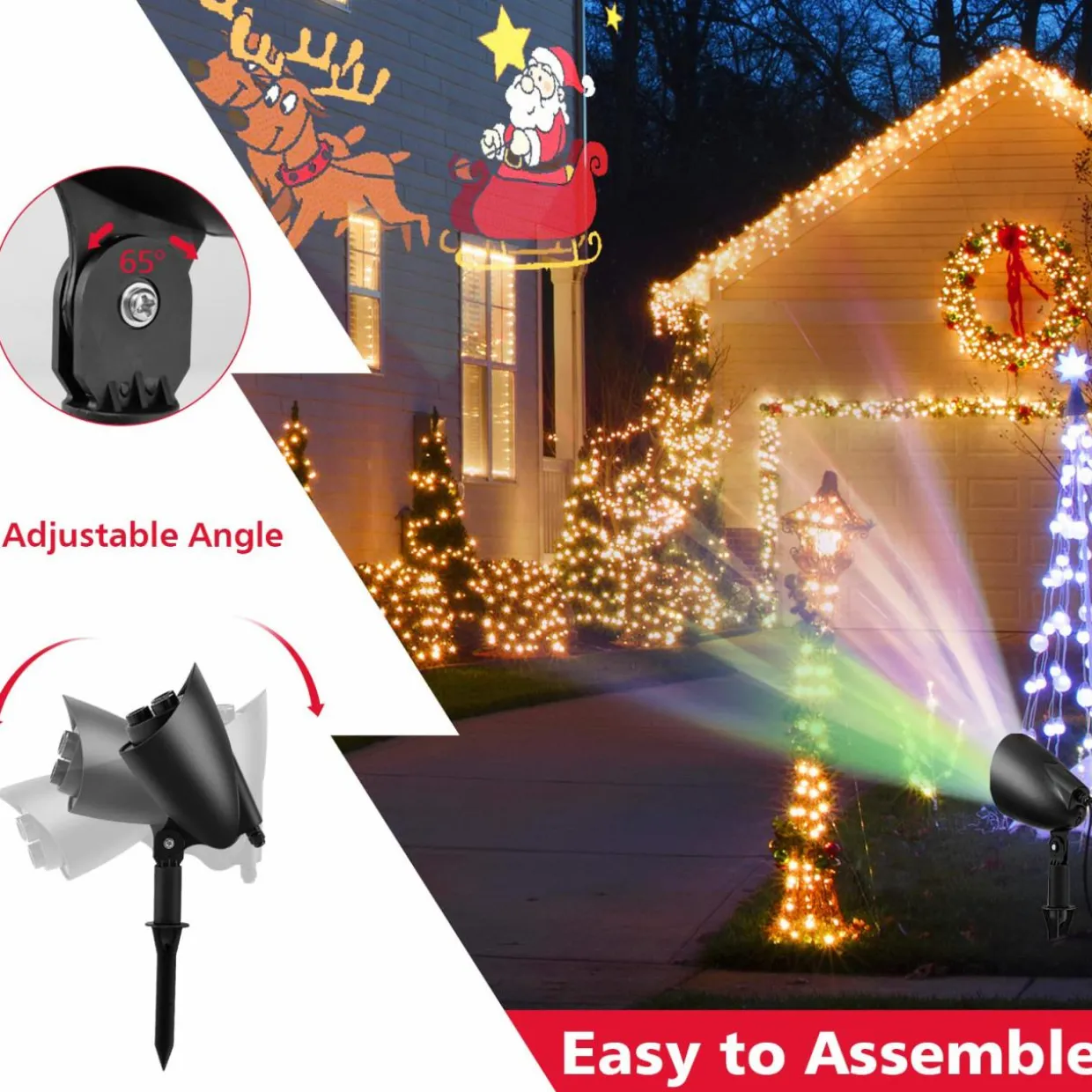 Tangkula Christmas Santa Claus on Sleigh Projector Light, Rotating LED Projection Lamp with 60-degree Adjustable Angle