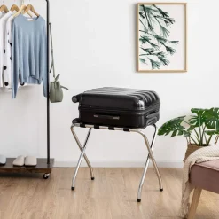 Tangkula Chrome Luggage Rack for Guest Room, No Assembly Required, Folding Metal Suitcase Stand with Nylon Belts