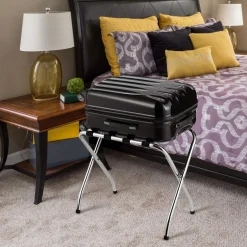 Tangkula Chrome Luggage Rack for Guest Room, No Assembly Required, Folding Metal Suitcase Stand with Nylon Belts