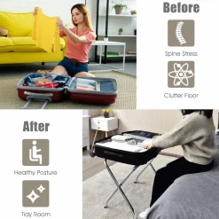 Tangkula Chrome Luggage Rack for Guest Room, No Assembly Required, Folding Metal Suitcase Stand with Nylon Belts