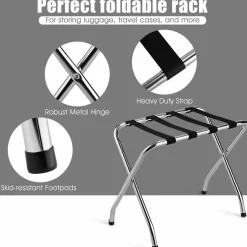 Tangkula Chrome Luggage Rack for Guest Room, No Assembly Required, Folding Metal Suitcase Stand with Nylon Belts