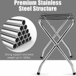 Tangkula Chrome Luggage Rack for Guest Room, No Assembly Required, Folding Metal Suitcase Stand with Nylon Belts